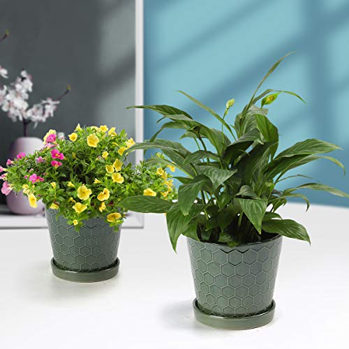 BUYMAX Ceramic Plant Pot – 4”+5”+6” inch Ceramic Flower Pot with Drainage Holes and Ceramic Tray - Gardening Home Desktop Office Windowsill Decoration Gift Set 3 - Plants NOT Included (Patina)