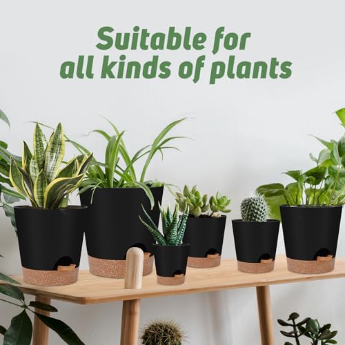 YNNICO Indoor Self Watering Planters with Drainage Holes and Saucers, 8, 7, 6.5, 6, 5.5, 5 Inches, Black, 6 Pots