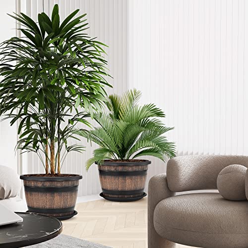 Quarut Large Plastic 4 Pack14 inch Plant Pots,Whiskey Barrel Planters with Drainage Holes & Saucer.Flower Pots Imitation Wine Barrel Design for Indoor & Outdoor Garden Balcony Plants.5 Gallons(Brown)