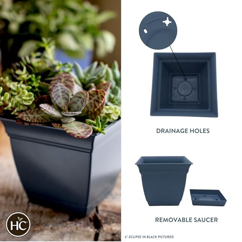 The HC Companies 12 Inch Eclipse Square Planter with Saucer - Indoor Outdoor Plant Pot for Flowers, Vegetables, and Herbs, Slate Blue