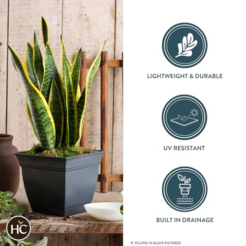 The HC Companies 12 Inch Eclipse Square Planter with Saucer - Indoor Outdoor Plant Pot for Flowers, Vegetables, and Herbs, Slate Blue