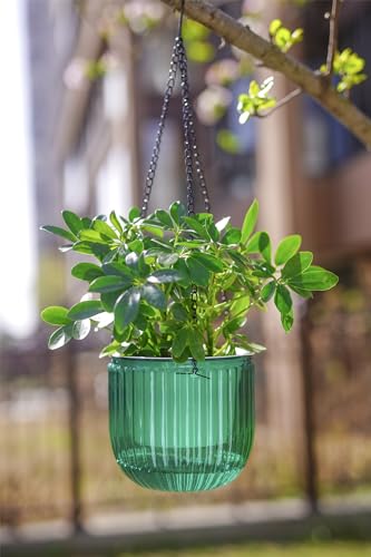 Melphoe 2 Pack Self Watering Hanging Planters Indoor Flower Pots, 6.5 Inch Outdoor Hanging Basket, Plant Hanger with 3Hooks Drainage Holes for Garden Home (Emerald)