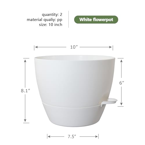10 inch Self Watering Pots, 2 Pack Plastic Planters with Mesh Drainage Holes for Garden Plants and Flower, Plants Pots with Deep Reservoir for Indoor Outdoor Plants, White