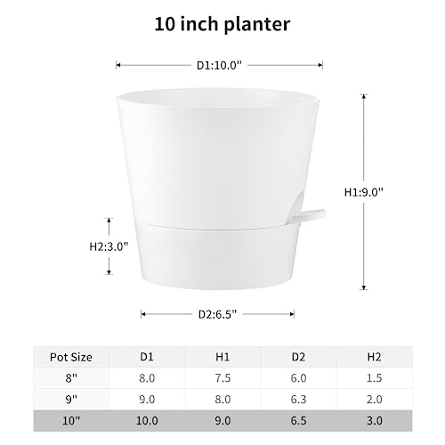 FaithLand 2-Pack 10 Inch Planter Pots for Indoor Outdoor Plants, Self Watering Flower Pots with Deep Reservoir, White …