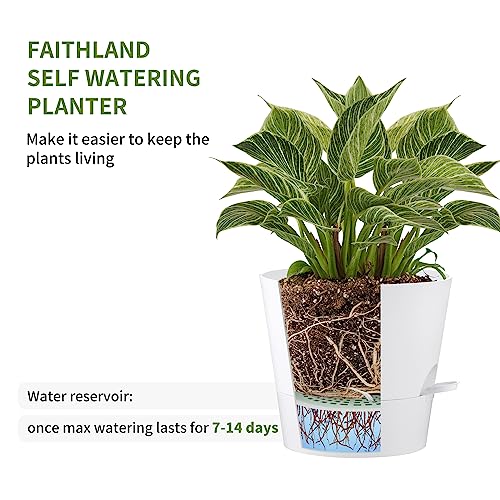 FaithLand 2-Pack 10 Inch Planter Pots for Indoor Outdoor Plants, Self Watering Flower Pots with Deep Reservoir, White …