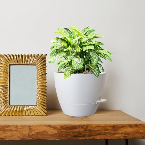 10 inch Self Watering Pots, 2 Pack Plastic Planters with Mesh Drainage Holes for Garden Plants and Flower, Plants Pots with Deep Reservoir for Indoor Outdoor Plants, White