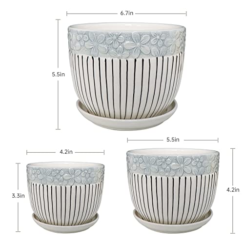 Ton Sin Grey Flower Pots,Texture Planter for Indoor Plants Set of 3 Ceramic Flower Pots with Saucer,Cute Garden Pots Succulent Pots（3 Pack,Grey