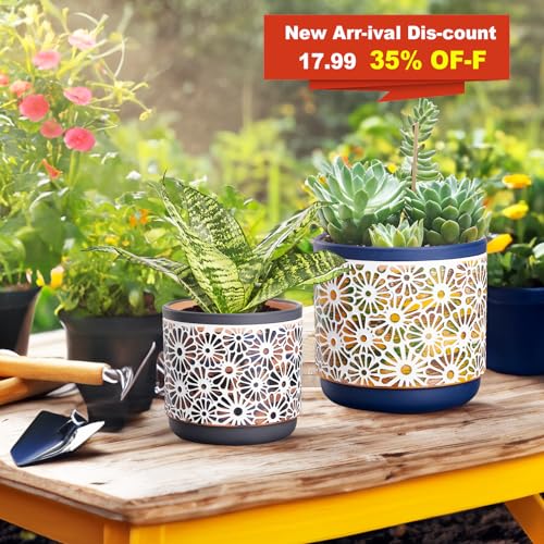 Qipecedm 3 Piece Ceramic Plant Pots, 5.7/4.7/3.5/inch Planters with Drainage Hole, Outdoor Indoor Flower Pots Set, Modern Decorative Plant Pots for Lilies, Cacti, Succulents, Snakes, Bamboo(Blue)