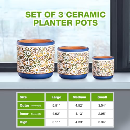 Qipecedm 3 Piece Ceramic Plant Pots, 5.7/4.7/3.5/inch Planters with Drainage Hole, Outdoor Indoor Flower Pots Set, Modern Decorative Plant Pots for Lilies, Cacti, Succulents, Snakes, Bamboo(Blue)