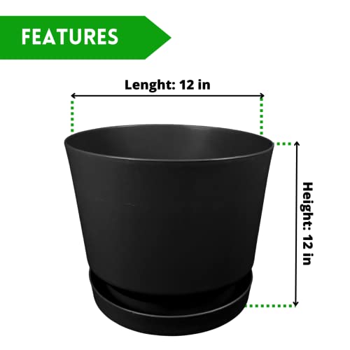 Elly Décor 12 inch Plastic Cylinder Planter Pot with Self-Watering Saucer and Drainage Hole,Lightweight & Extremely Durable, 12"x 12", Black