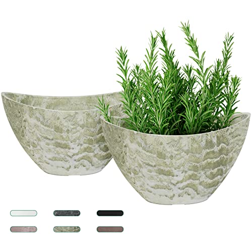 LaDoVita Plant Pots with Drainage Holes, 12 Inch Oval Planters for Indoor Plants, Plastic Flower Pots Outdoor, Set of 2 Pack, Green