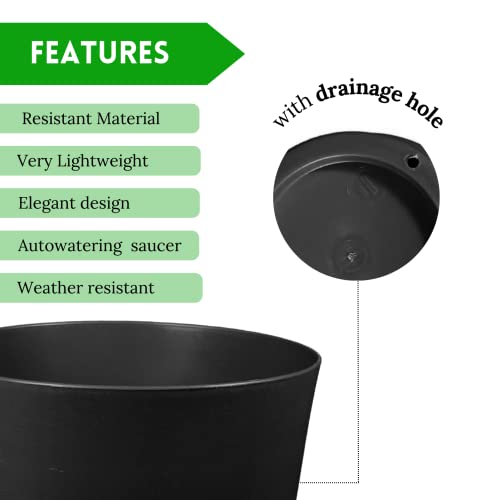Elly Décor 12 inch Plastic Cylinder Planter Pot with Self-Watering Saucer and Drainage Hole,Lightweight & Extremely Durable, 12"x 12", Black