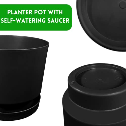 Elly Décor 12 inch Plastic Cylinder Planter Pot with Self-Watering Saucer and Drainage Hole,Lightweight & Extremely Durable, 12"x 12", Black