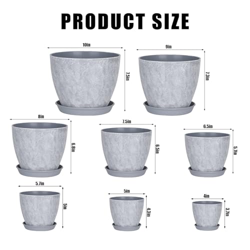 Set of 8 Plastic Planter, 10/9/8/7.5/6.5/5.7/5/4inch Plastic Planter, Flower Pot Indoor Decorative Large Plant Pot, Plant Pots Indoor with Drainage and Saucer for All House Plants (Set of 8)