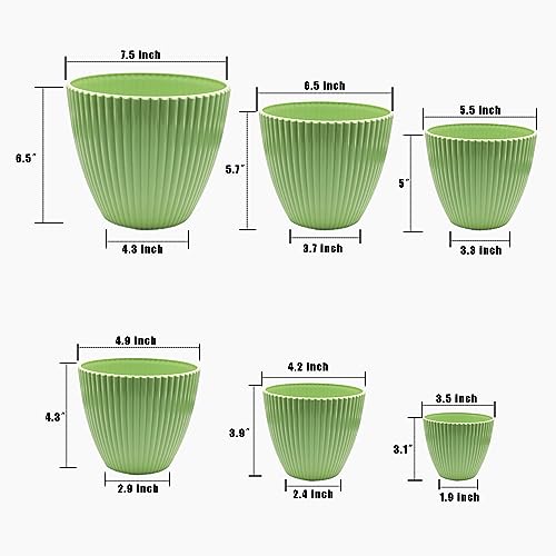 RooTrimmer Plant Planters with Drainage Holes and Trays Pack of 6 Plant Pots 7.5/6.5/5.5/4.9/4.2/3.5 Inches Flowers Pots, Green