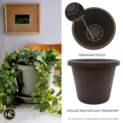 The HC Companies 14 inch Round Classic Planter - Plastic Plant Pot for Indoor Outdoor Plants Flowers Herbs, Chocolate