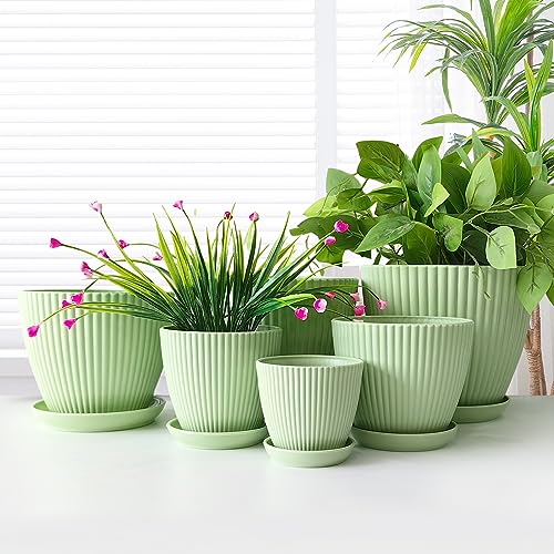 RooTrimmer Plant Planters with Drainage Holes and Trays Pack of 6 Plant Pots 7.5/6.5/5.5/4.9/4.2/3.5 Inches Flowers Pots, Green