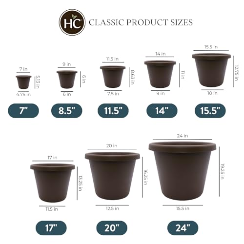 The HC Companies 14 inch Round Classic Planter - Plastic Plant Pot for Indoor Outdoor Plants Flowers Herbs, Chocolate