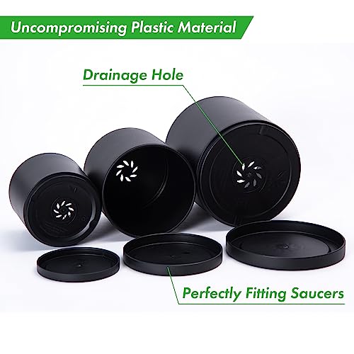 D'vine Dev 4 Inch 5 Inch 6 Inch, Set of 3 Plastic Planter Pots for Plants with Drainage Hole and Seamless Saucers, Black Color, Small, 74-E-S-2