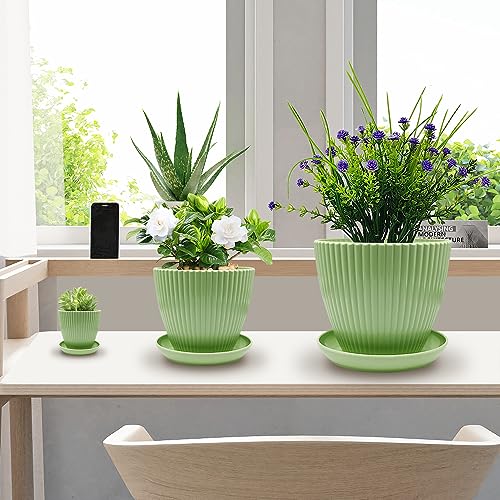 RooTrimmer Plant Planters with Drainage Holes and Trays Pack of 6 Plant Pots 7.5/6.5/5.5/4.9/4.2/3.5 Inches Flowers Pots, Green