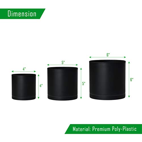 D'vine Dev 4 Inch 5 Inch 6 Inch, Set of 3 Plastic Planter Pots for Plants with Drainage Hole and Seamless Saucers, Black Color, Small, 74-E-S-2