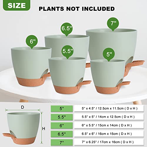 Vanslogreen Plant Pots Indoor 7/6.5/6/5.5/5 Inch Self Watering Planters for Indoor Plants with Drainage Hole, Plastic Flower Pots for Succulents, African Violet (Green)