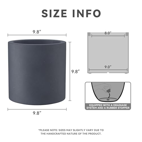 Kante 9.8" Dia Round Concrete Planter, Modern Style Large Cylindrical Plant Pot with Drainage Hole and Rubber Plug for Indoor Outdoor Patio, Charcoal