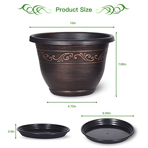 Plastic-Plant-Flower-Planters-10 Inch with Drainage Hole & Saucer, 3 Packs Lightweight Small Resin Flower Pot Indoor Outdoor, Retro Antique Imitation Decorative Garden Containers Sets for Houseplants