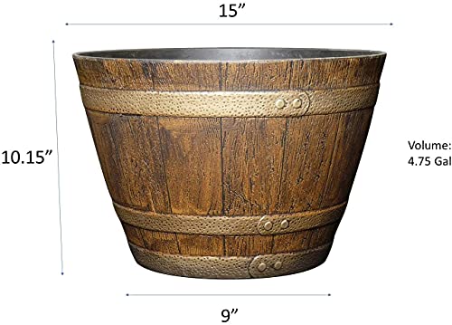 Classic Home and Garden Whiskey Plastic Resin Flower Pot Barrel Planter, Oak Brown, 15"