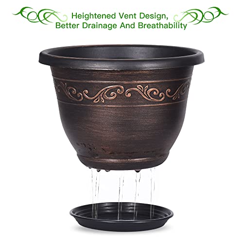 Plastic-Plant-Flower-Planters-10 Inch with Drainage Hole & Saucer, 3 Packs Lightweight Small Resin Flower Pot Indoor Outdoor, Retro Antique Imitation Decorative Garden Containers Sets for Houseplants