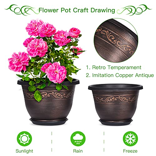 Plastic-Plant-Flower-Planters-10 Inch with Drainage Hole & Saucer, 3 Packs Lightweight Small Resin Flower Pot Indoor Outdoor, Retro Antique Imitation Decorative Garden Containers Sets for Houseplants