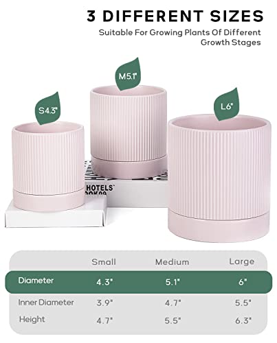 LaDoVita 3 Pack Ceramic Plant Pots 6/5/4 inch, Flowerpot for Indoor Plants with Drainage Holes and Tray, Outdoor Garden Planters, Modern Decorative for Home, Pink Vertical Stripes