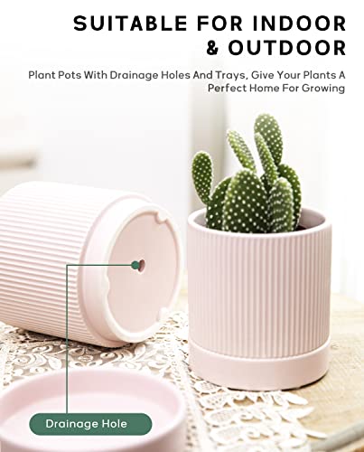 LaDoVita 3 Pack Ceramic Plant Pots 6/5/4 inch, Flowerpot for Indoor Plants with Drainage Holes and Tray, Outdoor Garden Planters, Modern Decorative for Home, Pink Vertical Stripes