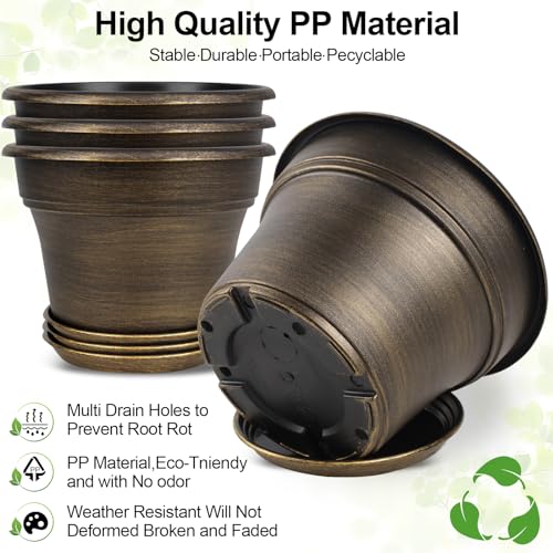 Plant Planters Pots Set of 4 Pack 16 Inch，Large Plastic Flower Pot for Indoor Plants with Drainage Holes & Trays, Resin Decorative Container Sets with Saucer for House Outdoor Garden Plant Dark Gold