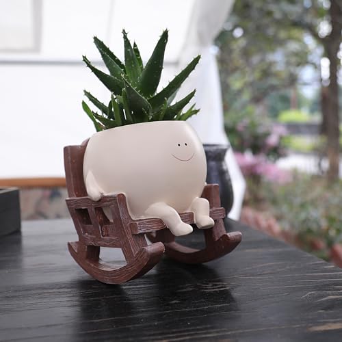Face Planter Pots for Indoor Plants Cute Resin Flower Head Planters, Sit Rocking Chair Succulent Pots with Drainage Hole - Gift IdeaI for Mother and Christmas