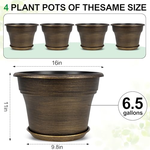 Plant Planters Pots Set of 4 Pack 16 Inch，Large Plastic Flower Pot for Indoor Plants with Drainage Holes & Trays, Resin Decorative Container Sets with Saucer for House Outdoor Garden Plant Dark Gold