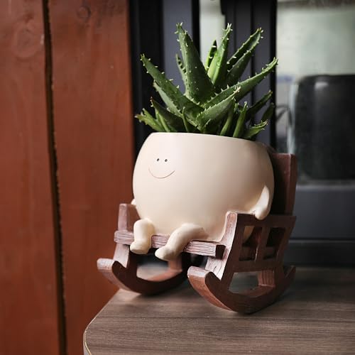 Face Planter Pots for Indoor Plants Cute Resin Flower Head Planters, Sit Rocking Chair Succulent Pots with Drainage Hole - Gift IdeaI for Mother and Christmas