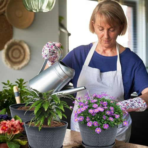 Quarut 10 Inch Flower Pots Planters for Outdoor Indoor, 3 Pack Plastic Plant Pots with Drainage Hole & Tray, Modern Decorative Garden Pot with Saucer, planters for House (Gray)