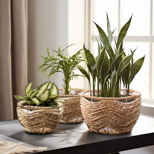 La Jolíe Muse Seagrass Planter Basket Indoor, Flower Pots Cover, Plant Containers, Indoor Planters Flower Pots with Iron Stand, Natural, 3-Pack,10.2"+8.7"+6.7"
