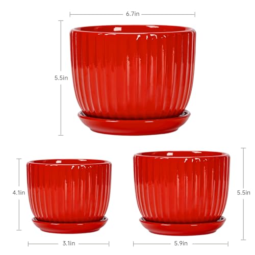 Ton Sin Ceramic Plant Pots - 4/5/6 Inch Red Planters Set of 3 with Drainage Holes and Saucer - Indoor Flower Pots for Plants Ceramic Planters for Indoor Gardening Succulent Pots