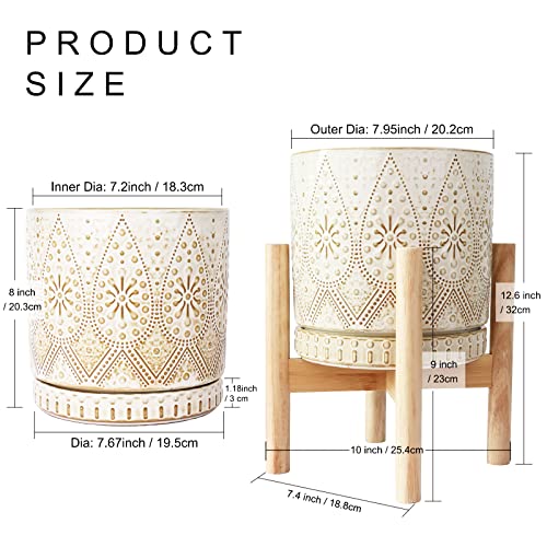 YFFSRJDJ 8 Inch Plant Pot with Stand, Ceramic Planter with Drainage Holes, Saucers and Mesh Pads for Indoor-Outdoor Plants