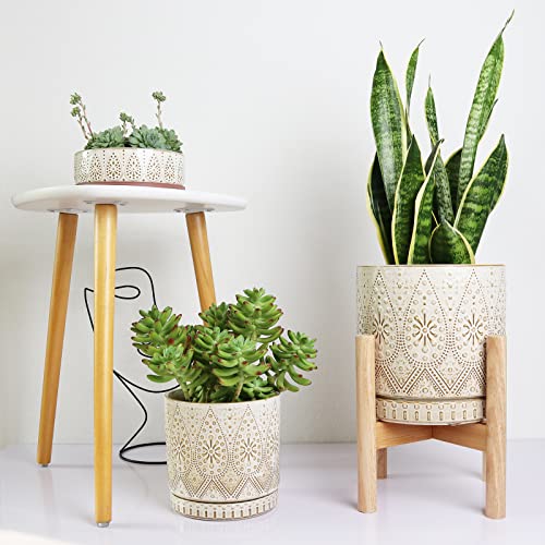YFFSRJDJ 8 Inch Plant Pot with Stand, Ceramic Planter with Drainage Holes, Saucers and Mesh Pads for Indoor-Outdoor Plants