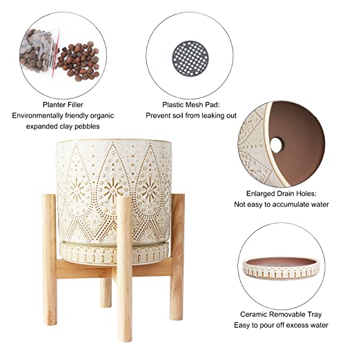 YFFSRJDJ 8 Inch Plant Pot with Stand, Ceramic Planter with Drainage Holes, Saucers and Mesh Pads for Indoor-Outdoor Plants