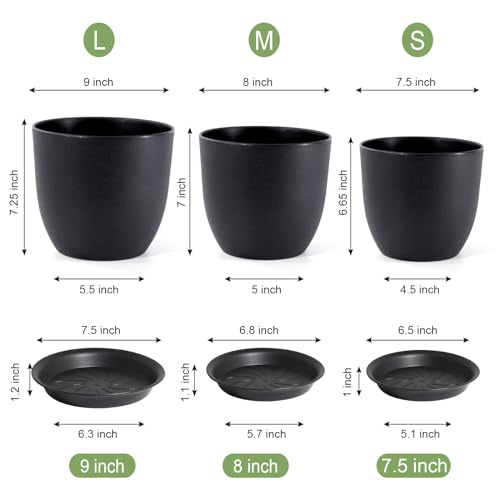 WSMKSZ 9/8/7.5 inch Plant Pots, Set of 3 Modern Decorative Plastic Planters with Drainage Holes and Tray, Flower Pots for Indoor Outdoor Plants, Black