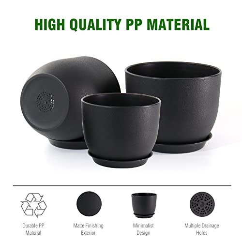 WSMKSZ 9/8/7.5 inch Plant Pots, Set of 3 Modern Decorative Plastic Planters with Drainage Holes and Tray, Flower Pots for Indoor Outdoor Plants, Black