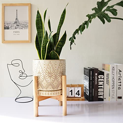 YFFSRJDJ 8 Inch Plant Pot with Stand, Ceramic Planter with Drainage Holes, Saucers and Mesh Pads for Indoor-Outdoor Plants
