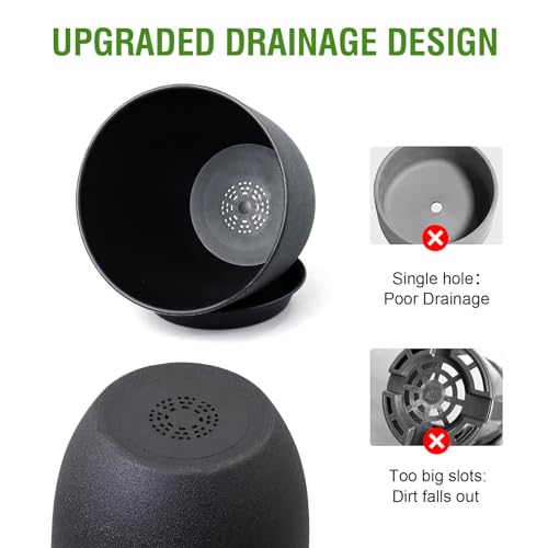 WSMKSZ 9/8/7.5 inch Plant Pots, Set of 3 Modern Decorative Plastic Planters with Drainage Holes and Tray, Flower Pots for Indoor Outdoor Plants, Black