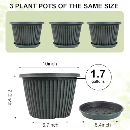 Myfeegoin Planter-Pots-for-Plants-Indoor-Outdoor, 3 Pack 10 Inch Plastic Flower Pots with Saucer & Drainage Holes, Modern Garden Planters for Planting Medium Large Plants，Decorative Resin Garden Pots