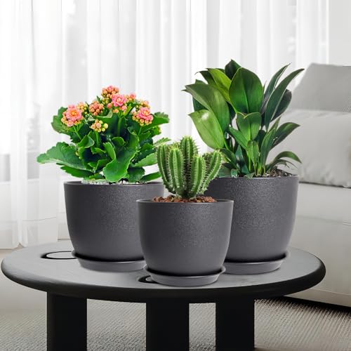 WSMKSZ 9/8/7.5 inch Plant Pots, Set of 3 Modern Decorative Plastic Planters with Drainage Holes and Tray, Flower Pots for Indoor Outdoor Plants, Black