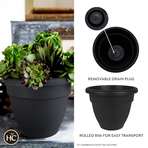 The HC Companies 10 Inch Caribbean Planter - Lightweight Indoor Outdoor Plastic Plant Pot for Herbs and Flowers, Black